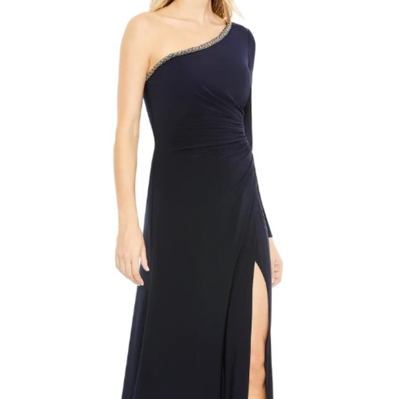 MAC DUGGAL 26039 DRAPED ONE SLEEVE THIGH SLIT NAVY JERSEY STRETCH GOWN SZ 10 - Picture 1 of 7
